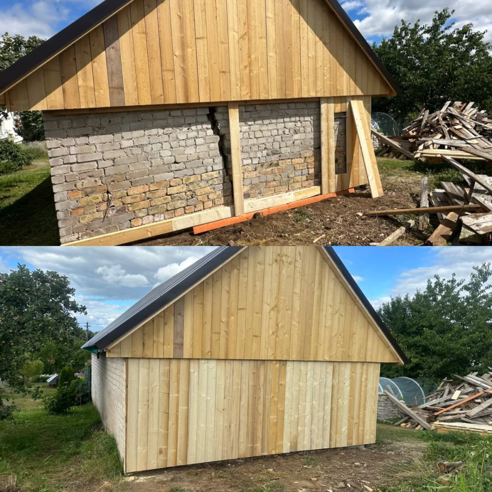 Atstatytas po audros sugriuvęs ūkinis pastatas. Atstatymo metu panaudota visa tinkama mediena iš sugriuvusio pastato