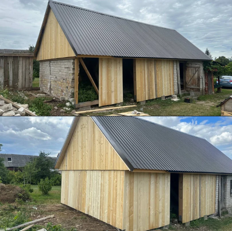 atstatytas po audros sugriuvęs ūkinis pastatas. Atstatymo metu panaudota visa tinkama mediena iš sugriuvusio pastato